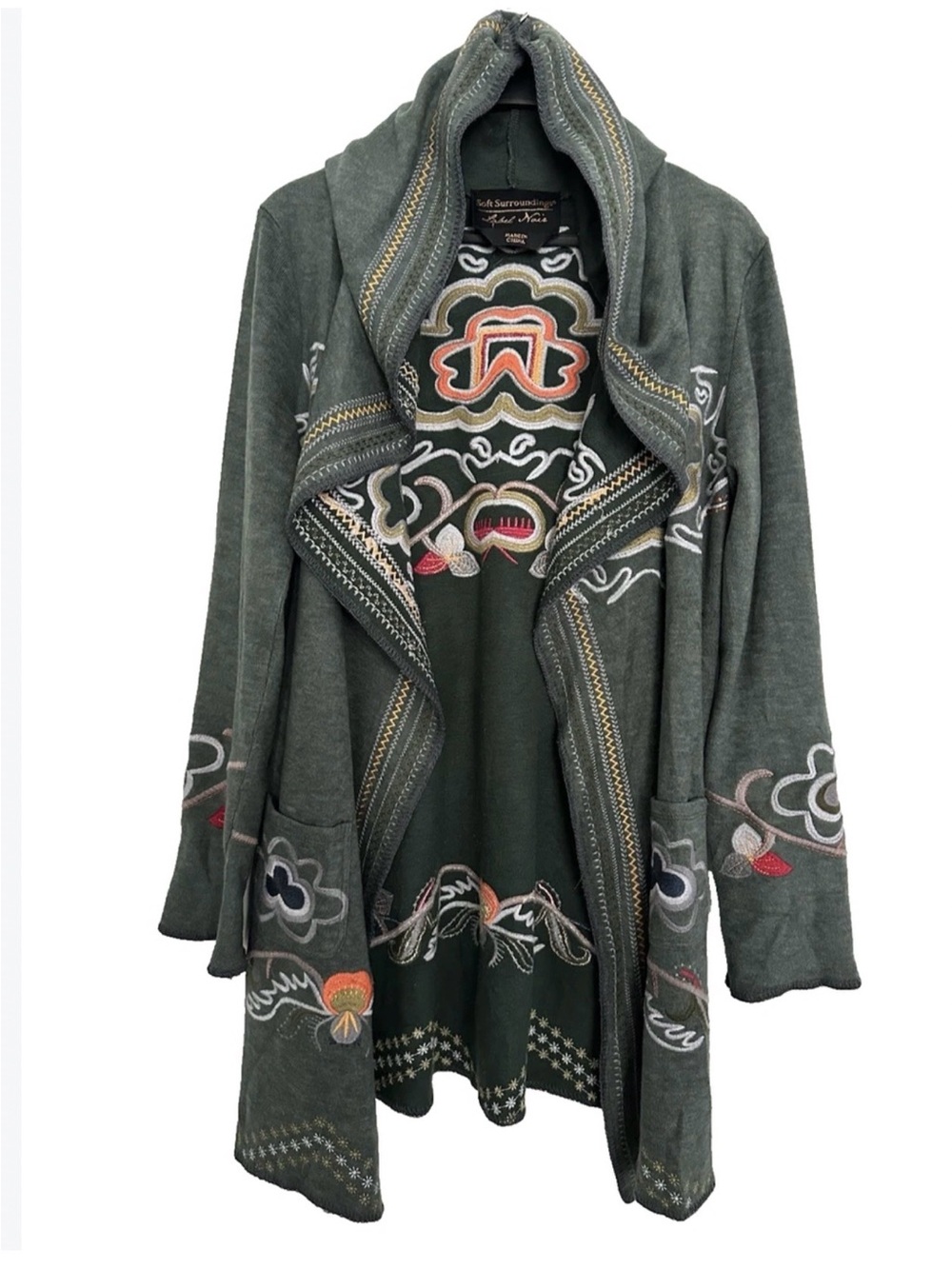 Soft Surroundings Jasmine" Embroidered Sz L Boho Chic Floral Green O26